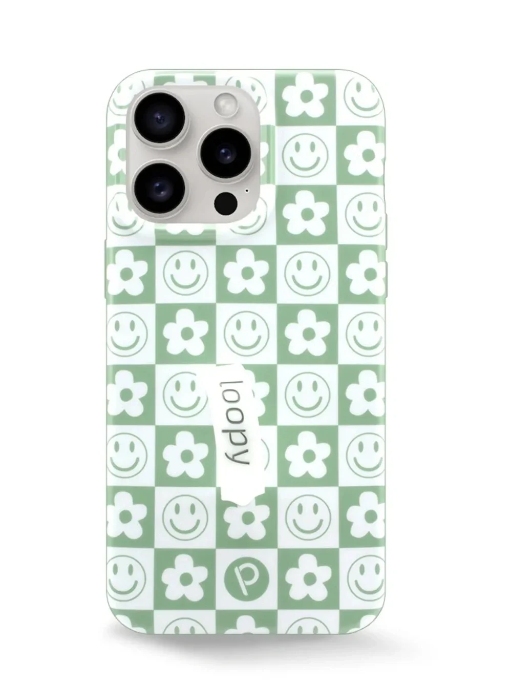 Loopy Sage Green & White Checker Smile + Flower iPhone 15 pro max case